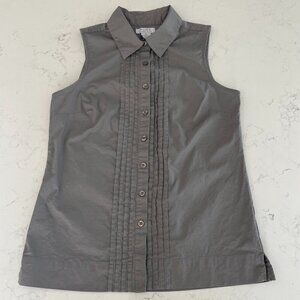 Pure Alfred Sung Sleeveless Button Down Pleat Detailed Cotton Blouse Grey Sz S